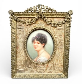 19th C Miniature Porcelain Portrait in Frame