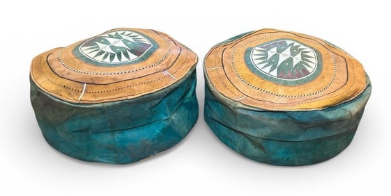 Pair Handmade Vintage Moroccan Leather Pouf Ottoman