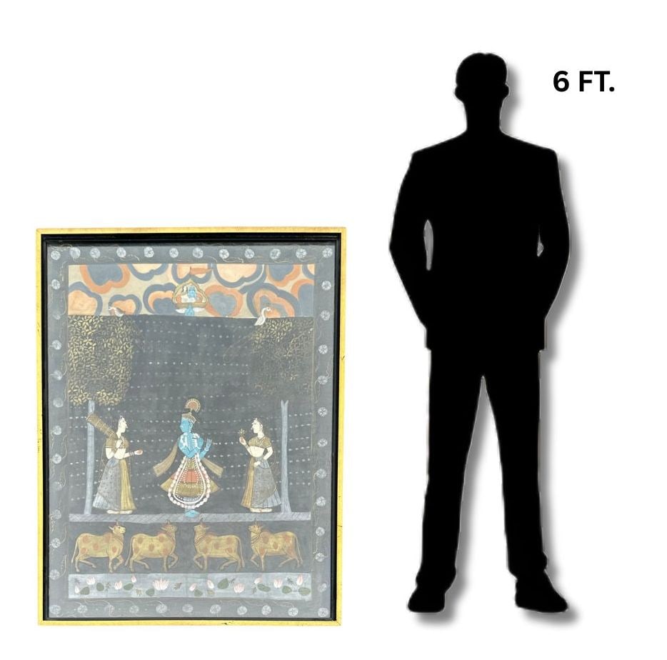 Indian Pichwai Painting, Framed: 47" H x 36.5" W x 2" D in Frame Hindu deity scenes.