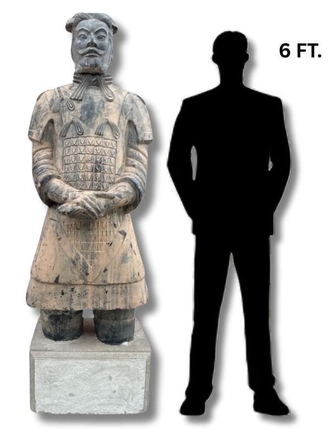 Monumental Chinese Terracotta Warrior: 78" H x 24" W x 25" D - very heavy. Piece resembles The Terracotta Army which is a remarkable archaeological discovery in Xi'an, China. Unearthed in 1974, it consists of thousands of life-sized clay s