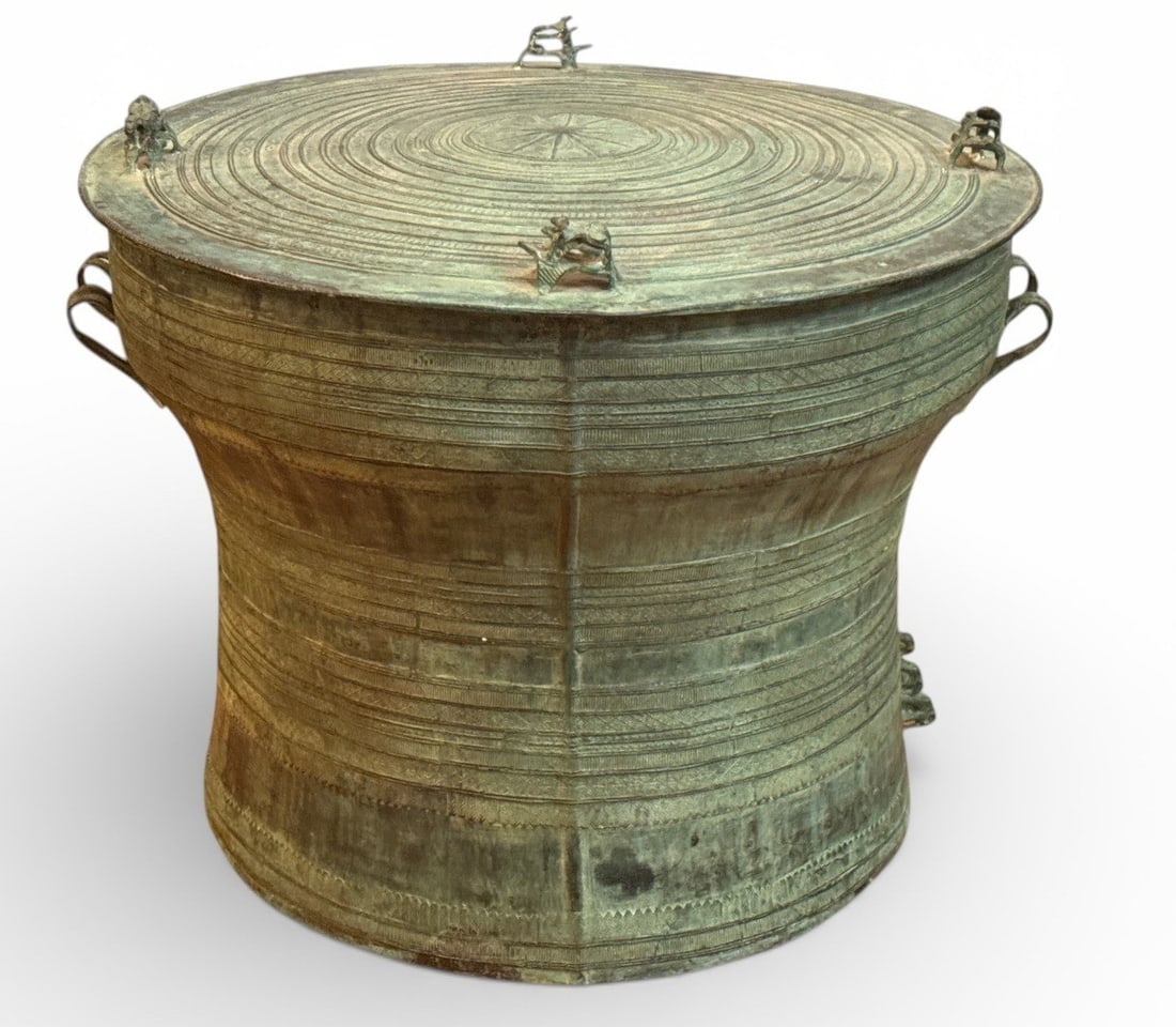 Large Bronze Southeast Asian Rain Drum: Measures 19" H x 24" DIA, with Verdigris.