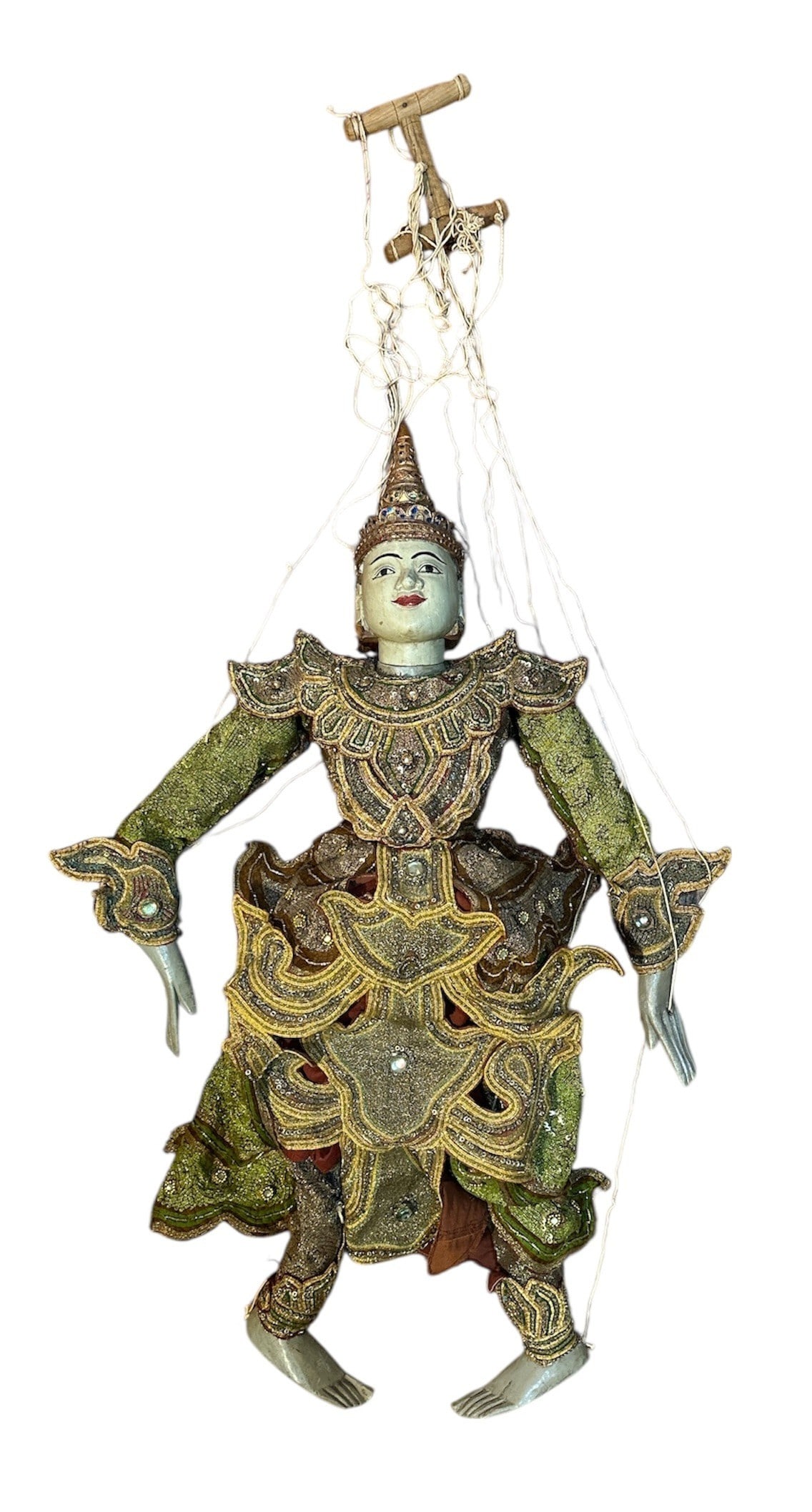A Burmese Marionette King: Carved wood hands, feet, head and torso. Sequined and Jeweled Clothing. 36" H (not including string and handle) 11" across waist.