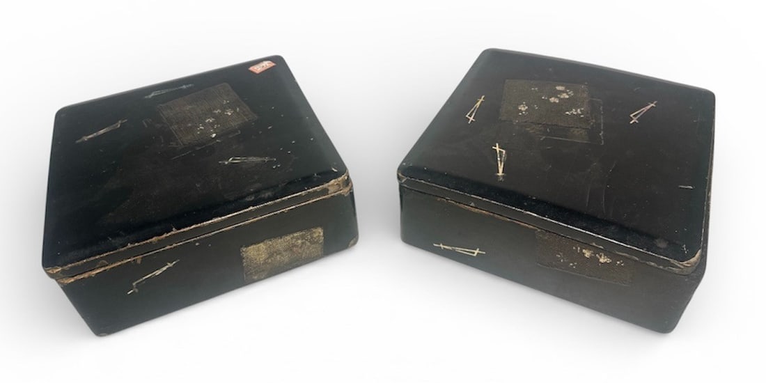 A Pair of Wooden Chinese Mother of Pearl Inlay Bento Boxes: 3" H x 8.75" x 8.75".