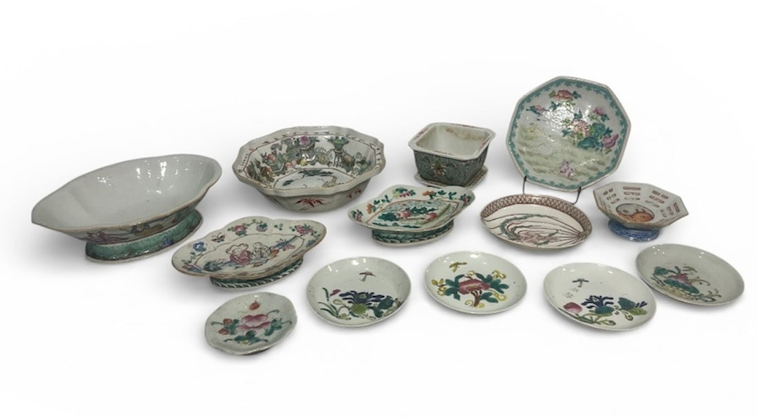A Collection of Chinese Porcelain Pieces: Largest piece 10.25" Dia. x 3" H.