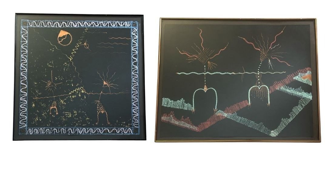 Two Oil Pastel Drawings by ANNIE MEIGS: The larger piece measures 22" x 28" in the frame, the smaller measures 24" x 24" in the frame. Both are oil pastel on paper.