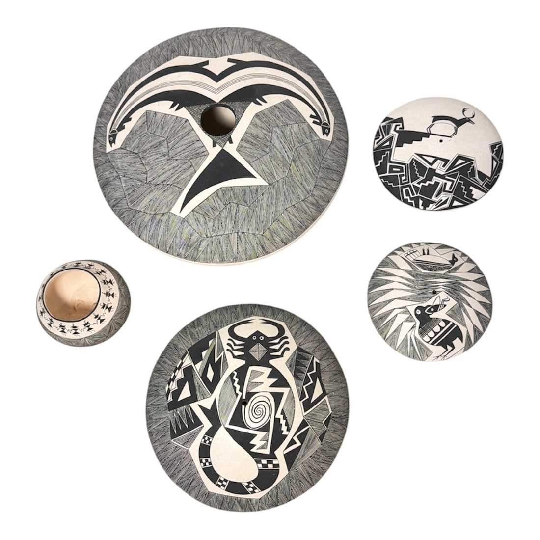 DOLORES J. ARAGON (Acoma, b. 1969), Five Acoma Vessels: Five Acoma vessels by artist Dolores (D.J.) Aragon. Includes four seed pots and a miniature vase. All pieces are signed on the bottom by the artist. The largest seed pot measures 2.5" H x 8.5" diamete