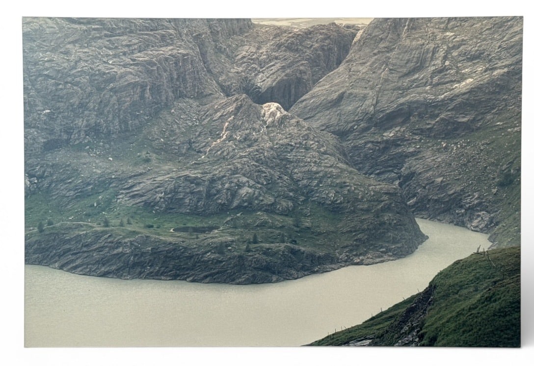 Wall Size Mountain Scene Photographic Print, Hohe Tauern National Park Austria: Wall size photo print of Austria's tallest mountain, Grossglockner, and the Stausee Margaritze reservoir at the Hohe National Park. The enlarged photo is applied to a large piece of thin metal board.