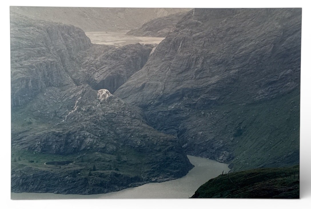 Wall Size Mountain Scene Photographic Print, Hohe Tauern National Park Austria: Wall size photo print of Austria's tallest mountain, Grossglockner, and the Stausee Margaritze reservoir at the Hohe National Park. The enlarged photo is applied to a large piece of thin metal board.