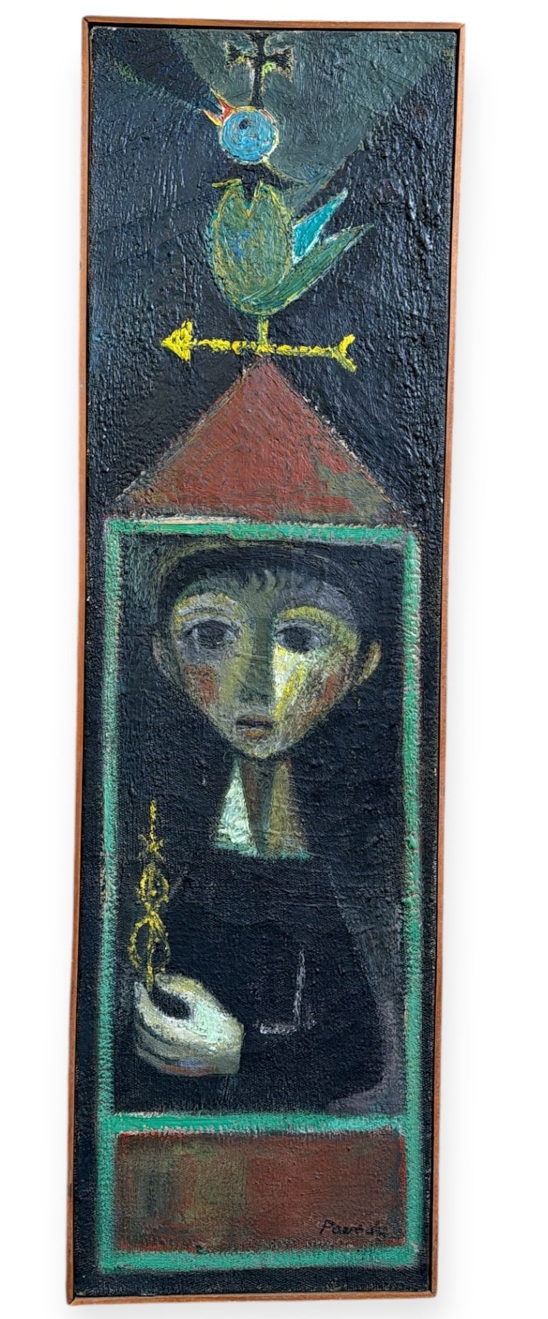 Folk Art Oil Painting "No. 23" by LUIS POVEDA: Thick oil on burlap, signed in the lower right corner. Signed and titled en verso, "Domingo de Ramos". Circa. 1987. Measures 38" H x 11.25" W in the frame. Purchased directly from artist.