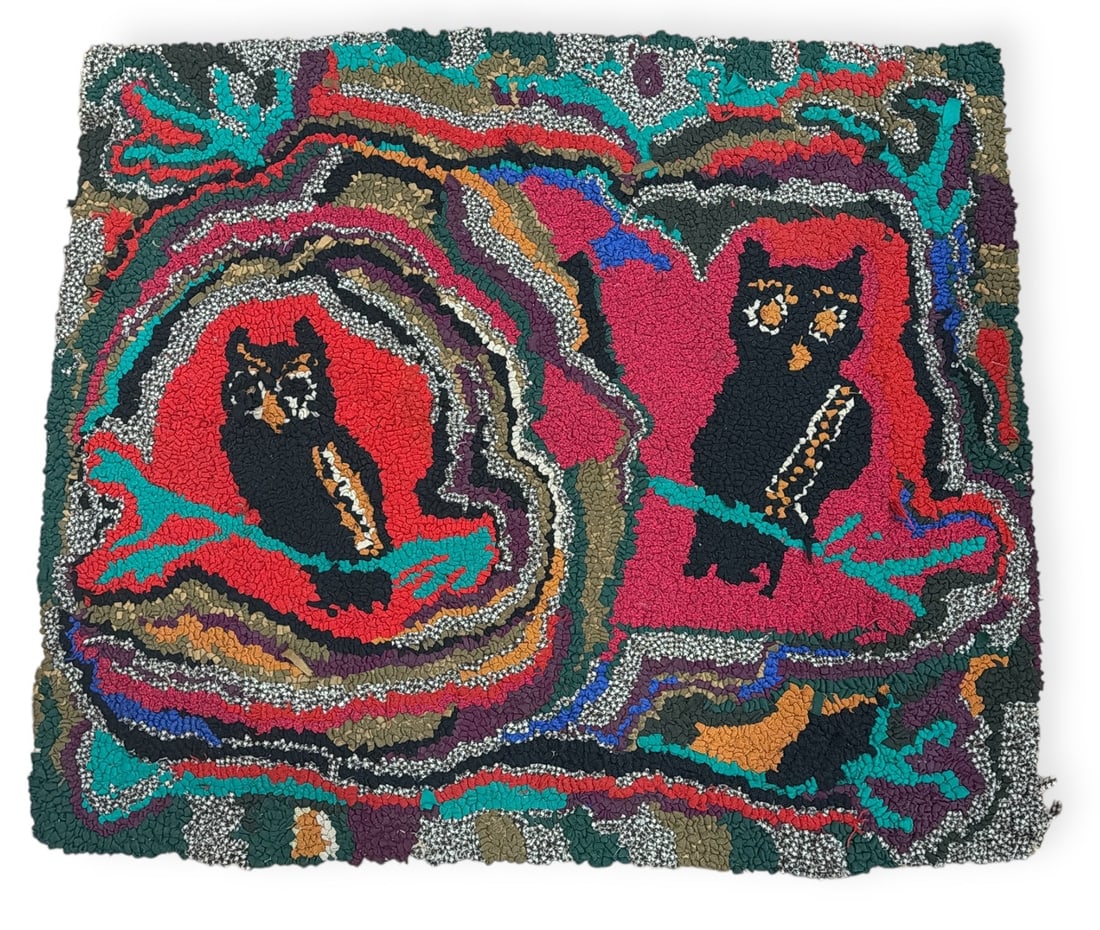 Early Folk Art Owl Hook Rug: Measures 33.5" x 38".