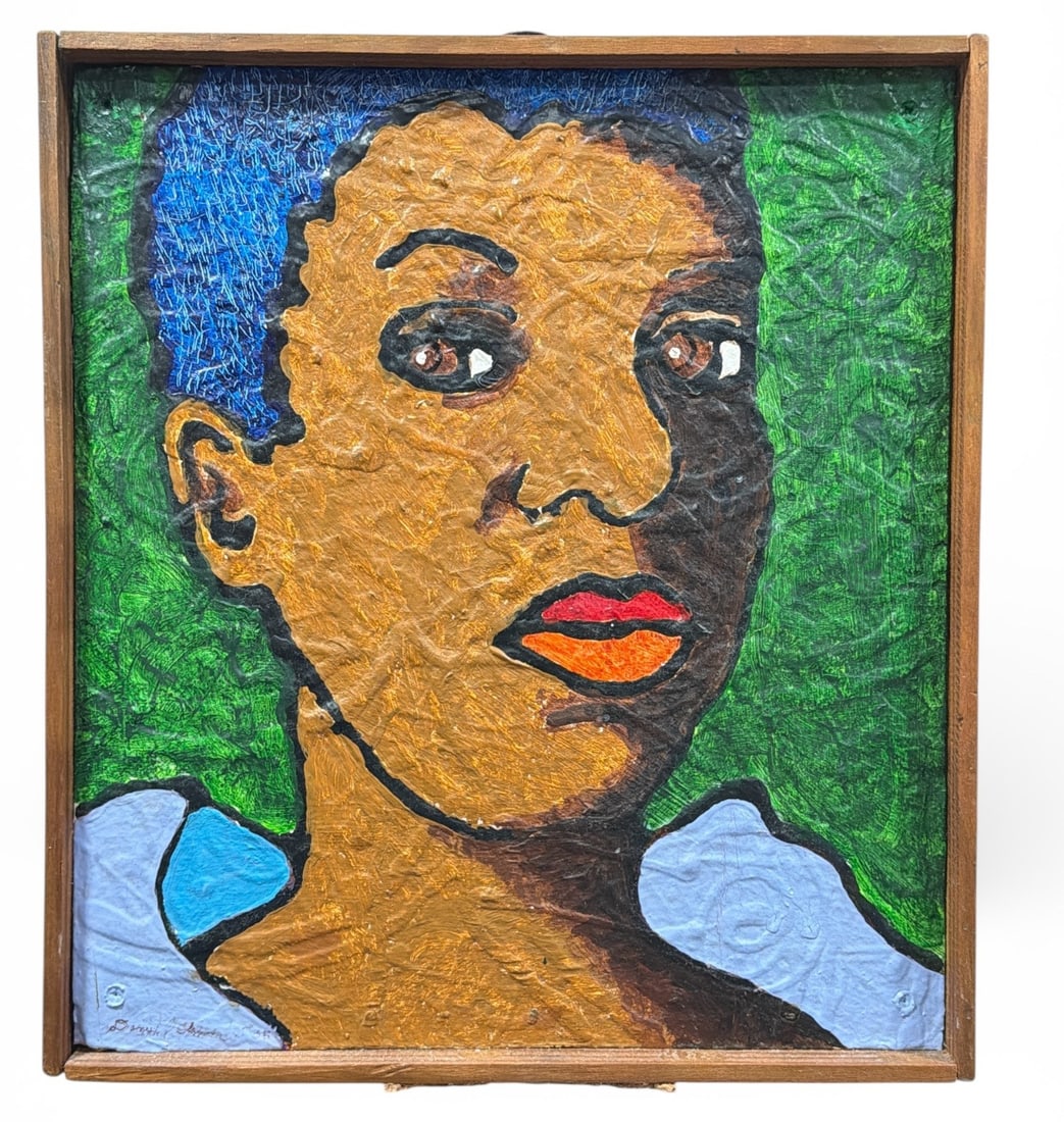 Mixed Media Black Americana Woman Portrait, '65: Measures 13.5" H x 12" W 1.5" D in frame. Site measures 12.75" H x 11.5" W.