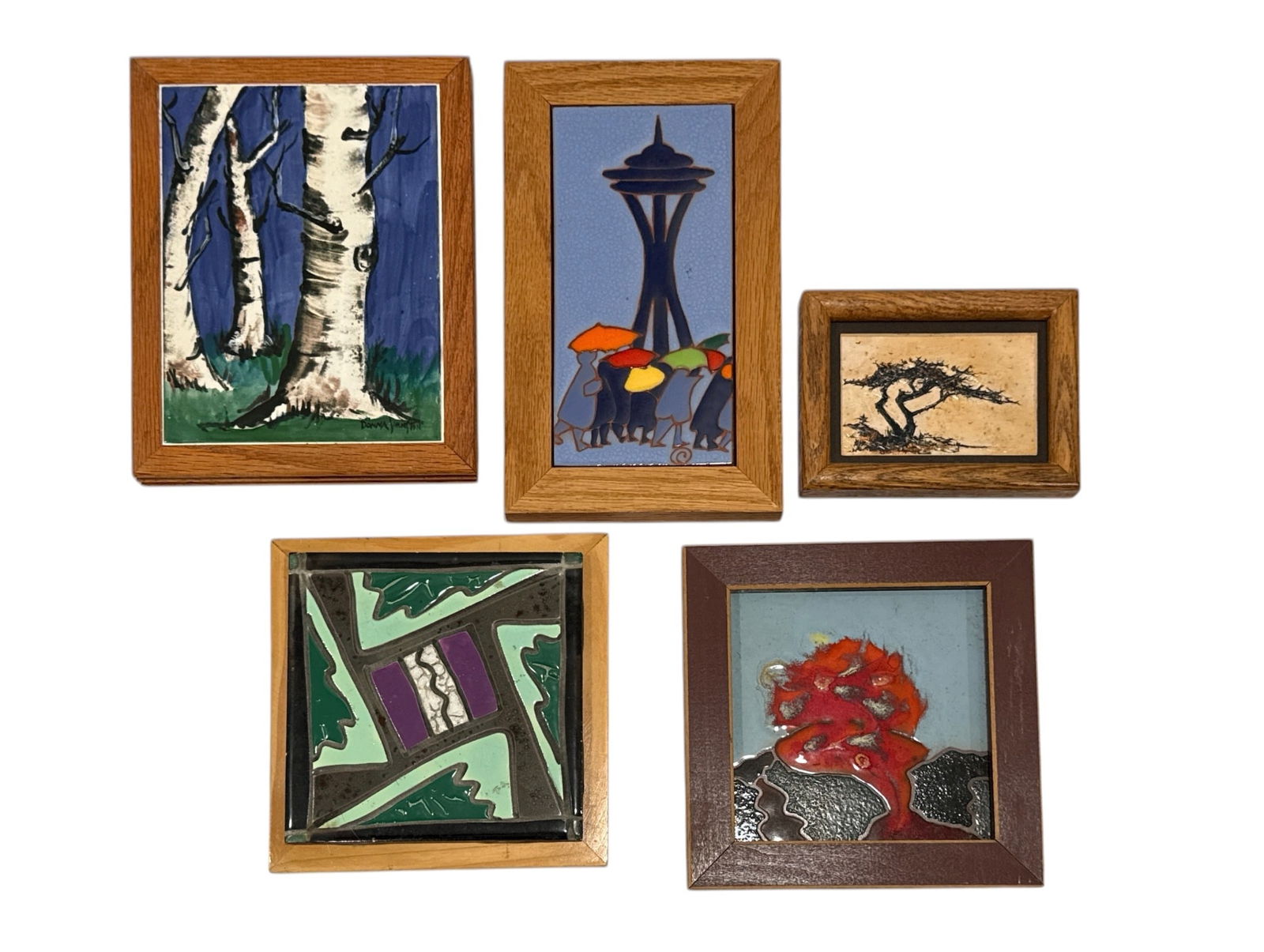 Collection Mid Century Tile Art: Largest 9.25" H x 7.25" W , signed Johnson England on the trees