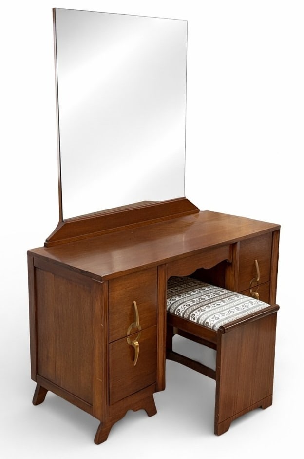 Art Deco Vanity & Stool: Stool measures 18" H x 25" W x 14" D, the vanity itself measures 62" H to back x 27" H to front x 44" W x 19" D. Walnut
