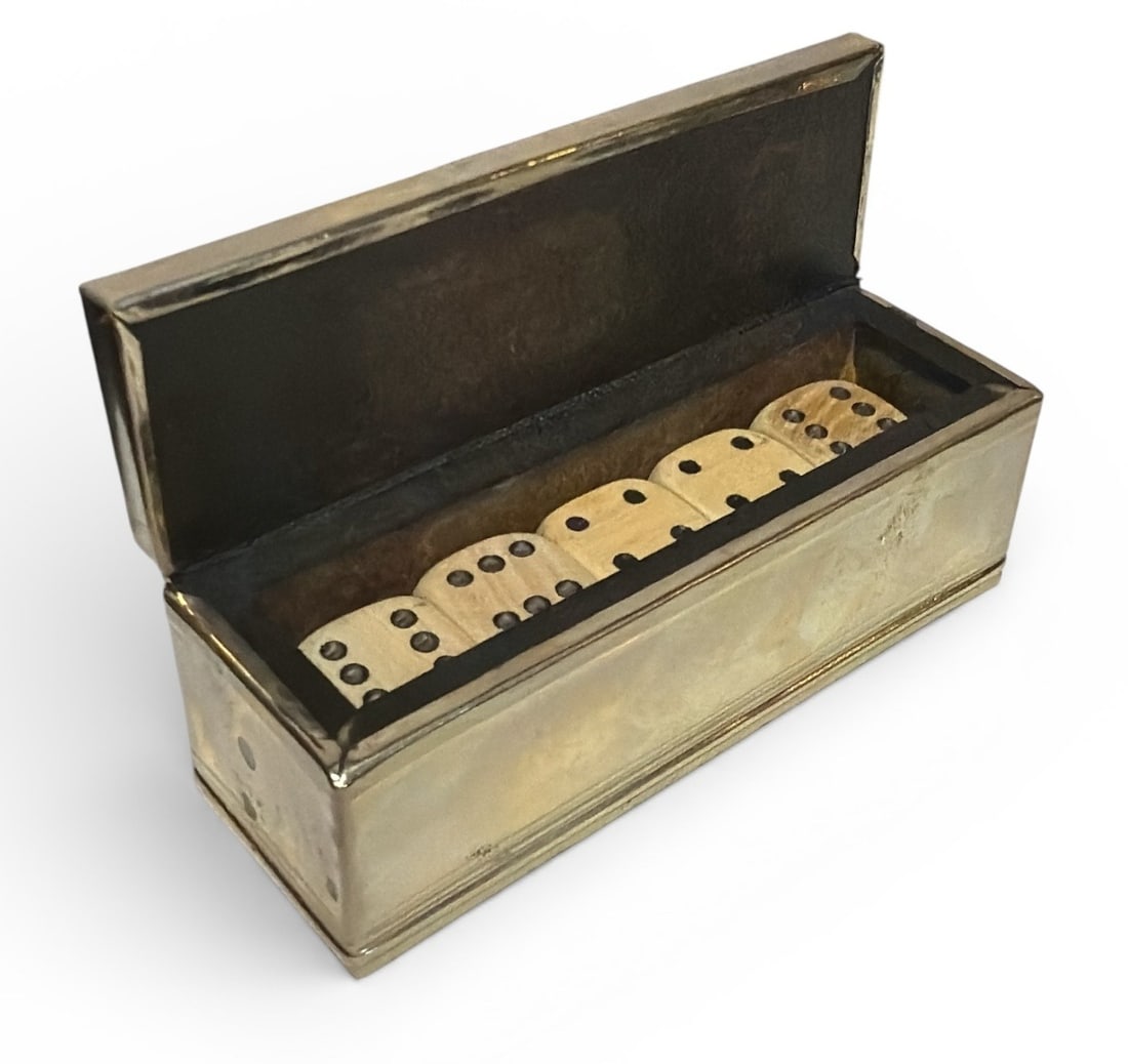 Early Silver Game Dice Holder: Includes five carved wood dice on the interior. Measures 1.5" H x 3.75" W x 1.25" D.