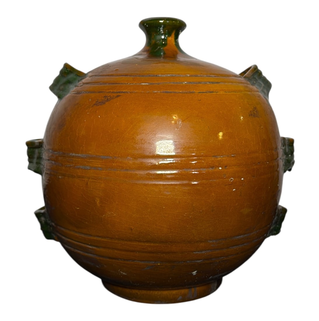 Unique Three Handled Olive Jar: Measures 11" H x 11.5" overall diameter. Provenance: Collection of Michael and Sandra Perlow.