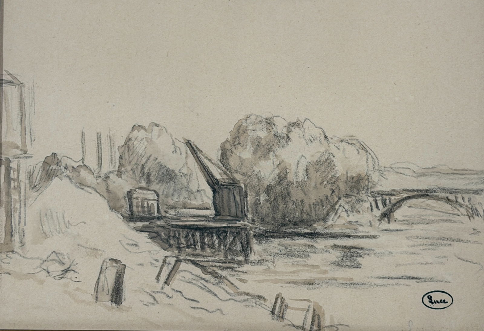MAXIMILIEN LUCE (1858-1941) La Seine Au Quai Javel: Measures 28"H x 32" W x 2.5" D, site is 7" H x 10" W circa 1905 Black pencil and wash on paper, part of the Pisarro Stern Collection