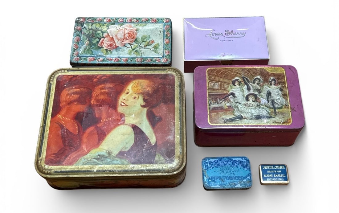Collection of Art Deco Tin Boxes: Largest measures 2.5" H x 9" W x 8.5" D.
