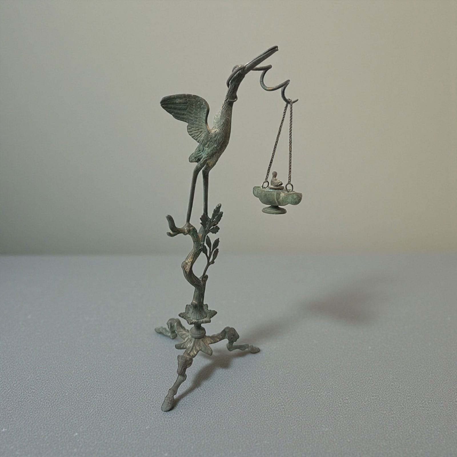 19th C Bronze Figural Heron Statue, Oil Lamp (1 of 5)