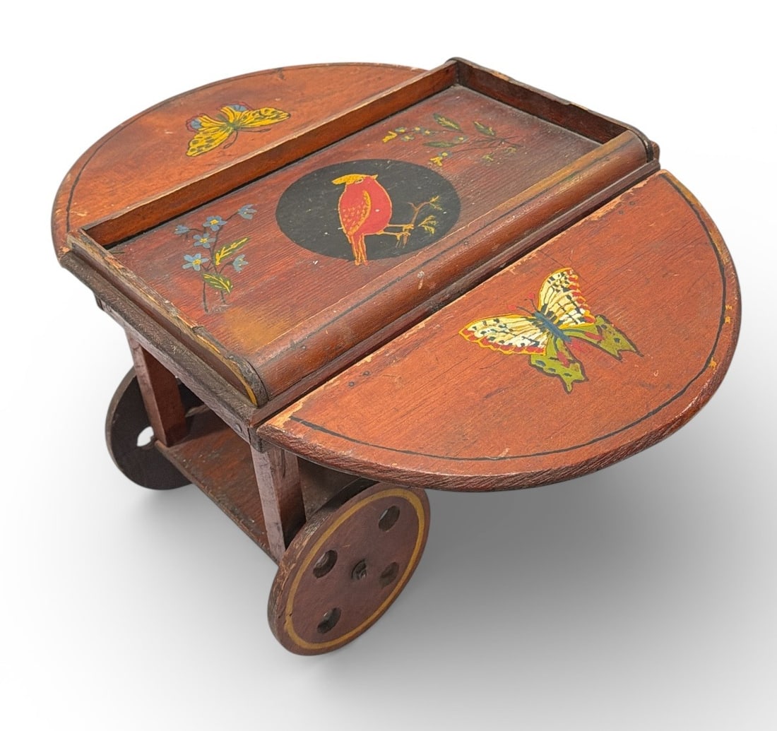 1930's Art Deco Folk Art Beverage Caddy: 10.75" H x 19.5" W fully extended x 15.5"D drop leaf table on each side, hand painted birds and butterflies