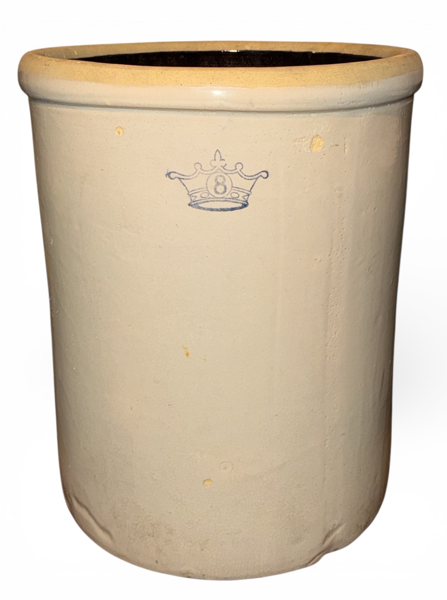 Vintage 8 Gallon Pickling Stoneware Crock: Crown Brand. Measures 16.5" H x 13.5" diameter