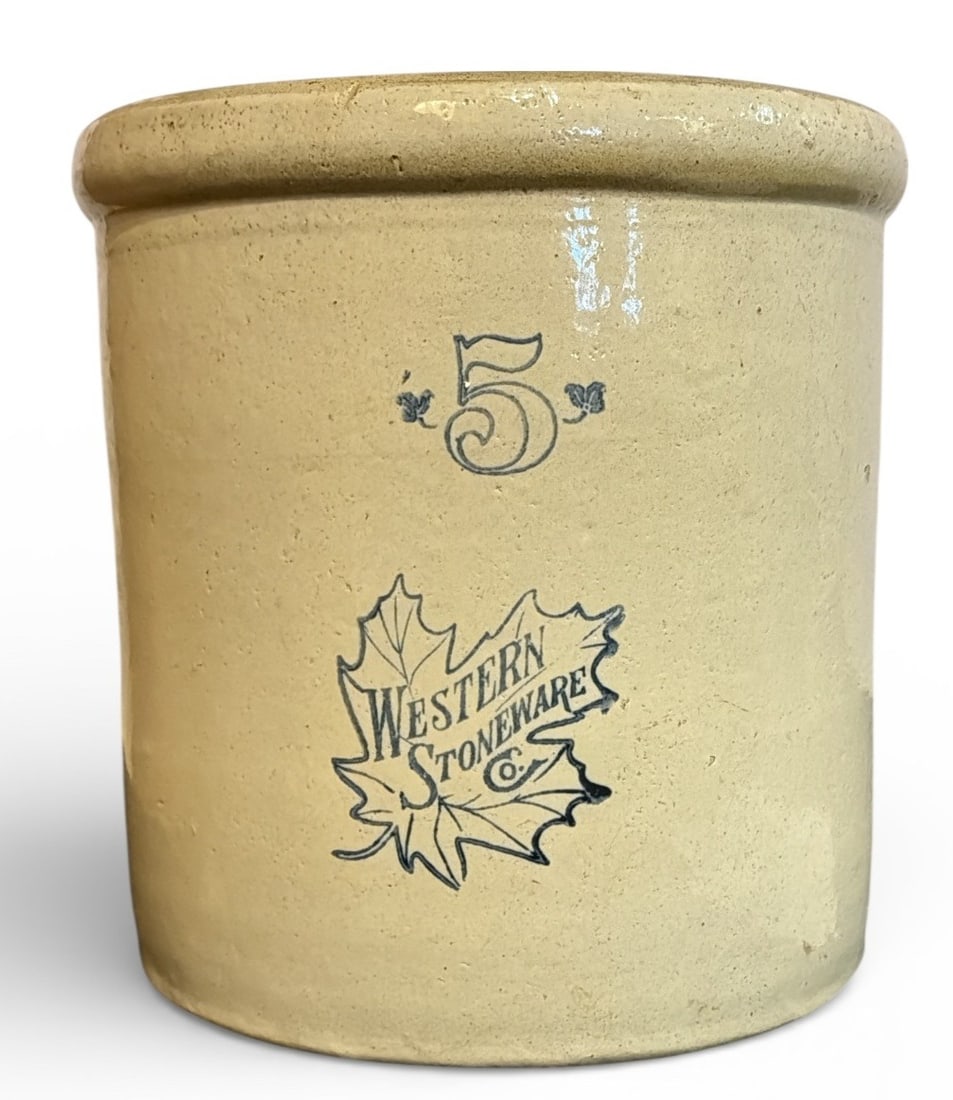Vintage 5 Gallon Western Stoneware Crock: Measures 13" H x 12.5" diameter.