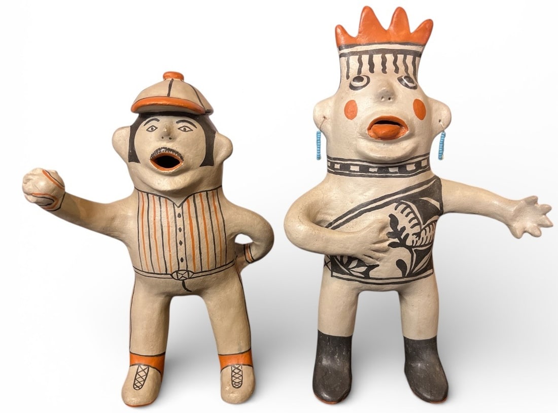 MARTHA ARQUERO (Cochiti, b. 1940) Pottery Baseball Player and Opera Singer: Baseball players measures 8" H x 5.5" W x 4" D and Opera singer measures 9.5" Hx 6" W x 3" D., Both signed on bottom of foot on each sculpture.