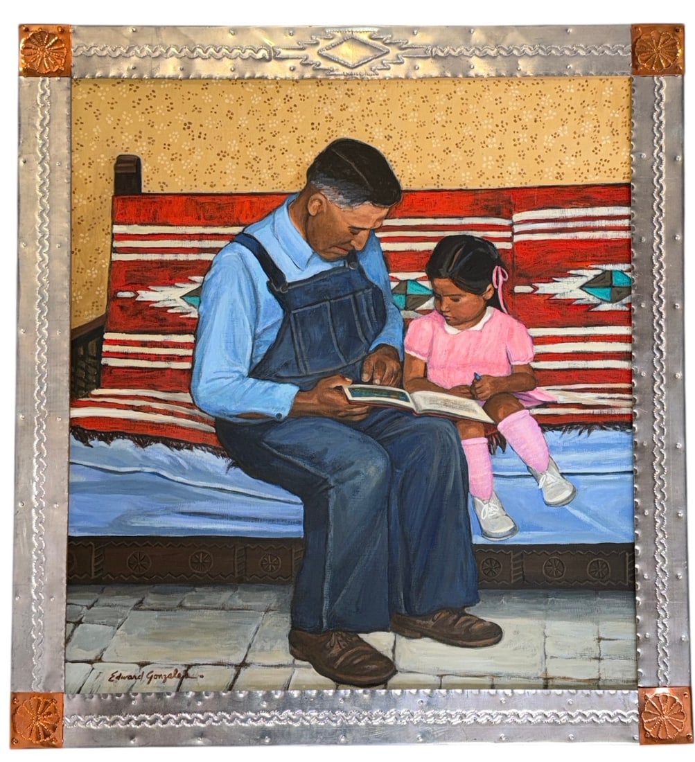 EDWARD GONZALES (Mexican, b.1908) Untitled (Man Reading to Child) Painting: Measures 28" H x25.75" W in frame, site measures 23.5"H x 21.5" W circa 1994, Acrylic/Oil on Masonite. Signed in lower left corner and en verso.Edward Gonzales is a figurative painter focusing on the
