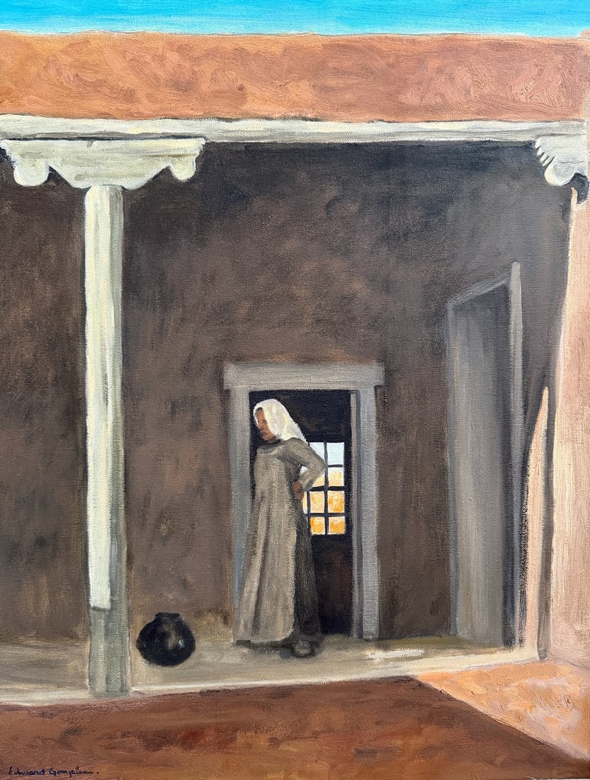 EDWARD GONZALES (Mexican, b.1908) Southwestern Painting: Measures 23.5" Hx 19.5" W in the frame, site measures 19.5" Hx 15.5" W. Signed in lower left hand corner and en verso. Circa 1991. Acrylic/Oil on Canvas. Edward Gonzales is a figurative painter