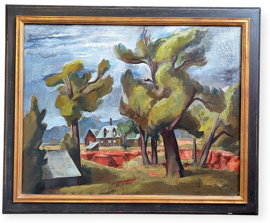 JOHN O'NEIL (American, 1915 ? 2004) "Tree Dance" Painting: Measures 35" H x 43" W x 2" D in frame. Sight measures 27.75" x 35.5". Oil on Canvas. Titled "Tree Dance", 1938 en verso. This piece is also referred to as "Taos Cottonwoods".
