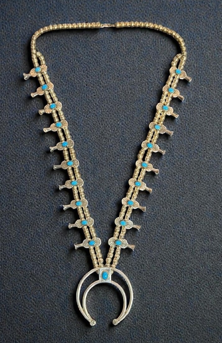 Navajo Sterling Silver & Turquoise Squash Blossom Necklace, SLIM (1 of 5)