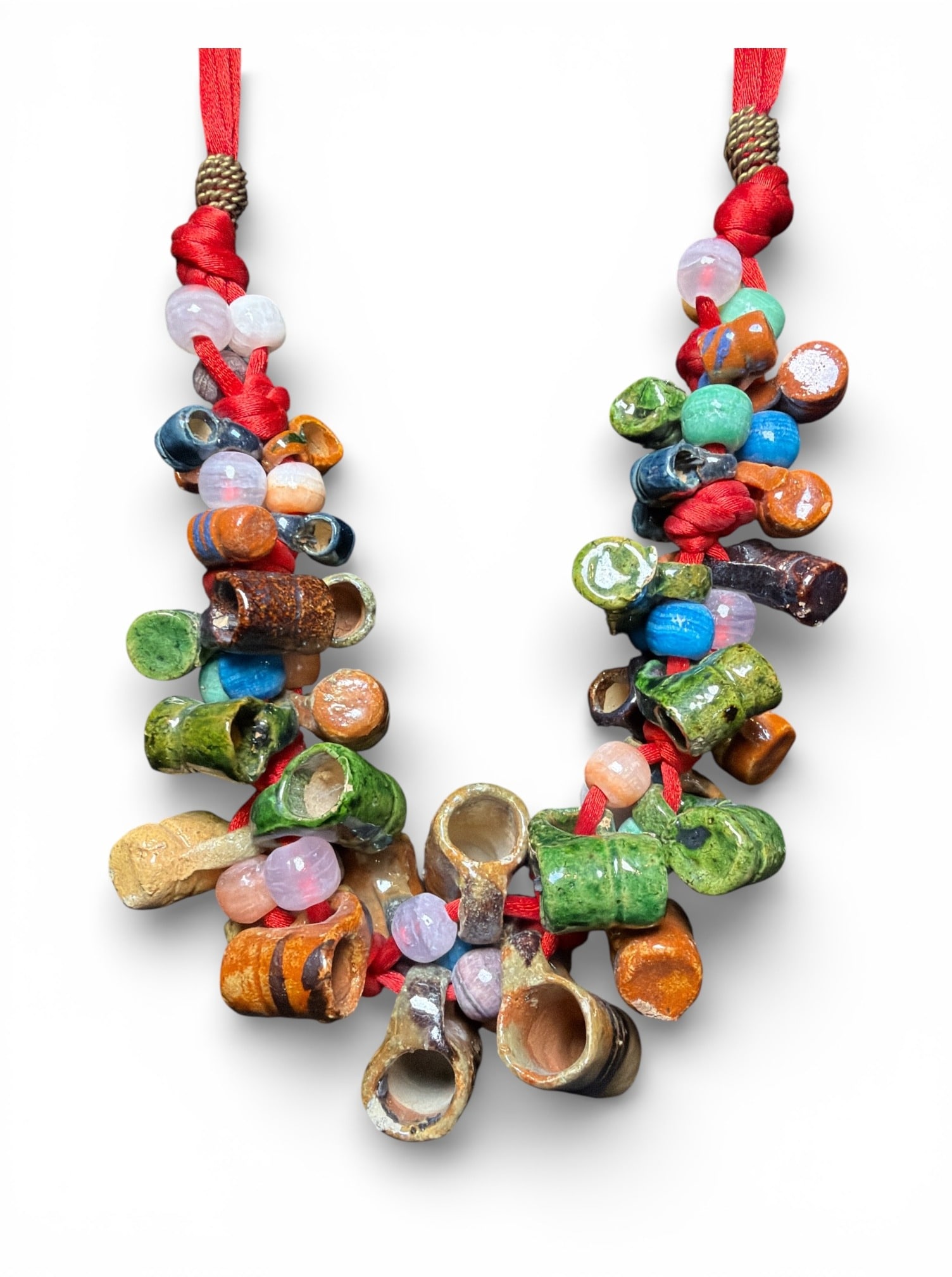 Outstanding Mexican Folk Art Wedding Necklace: Features an assortment of terracotta mugs. Measures 28" total length.