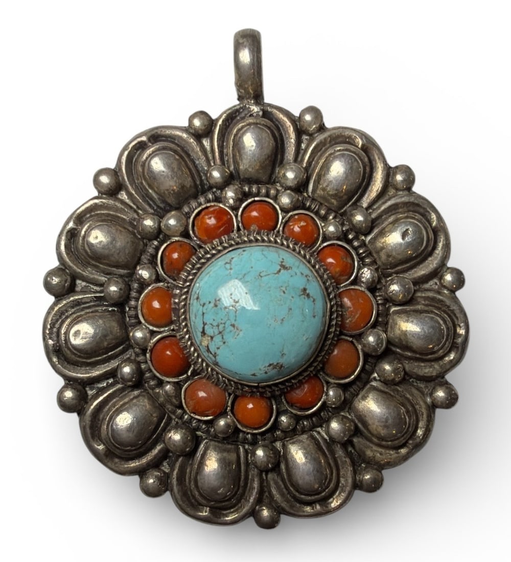 A Sterling Silver, Turquoise, and Red Coral Flower Pendant (1 of 4)