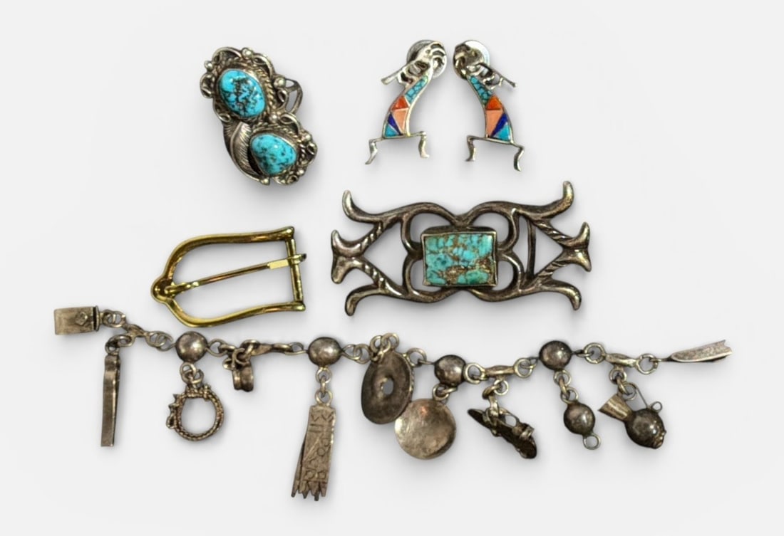 Collection of Native American Sterling Silver Articles: Includes Sterling silver charm bracelet that measures 5.5" total length. Vintage Kokopelli Sterling silver earrings with inlaid turquoise, coral, and lapis. A sterling silver and turquoise ring, size