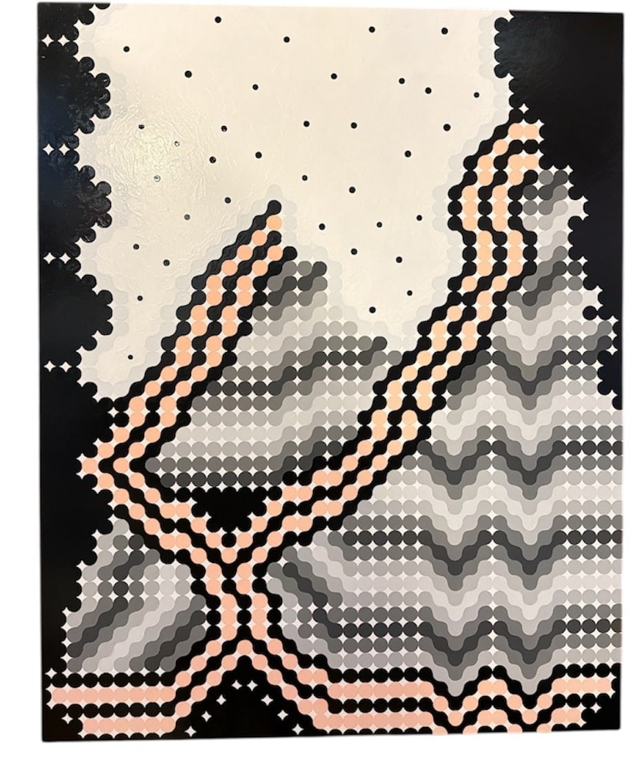 GEOFFREY TODD SMITH (American, 20th/21st Century) Painting: Signed, dated 2015, and titled "Moon Sex" en verso. Measures 30" H x 24" W x 1.75" D Geoffrey Todd Smith employs seemingly simple structures in his vivid, intensely patterned abstract paintings. Commo