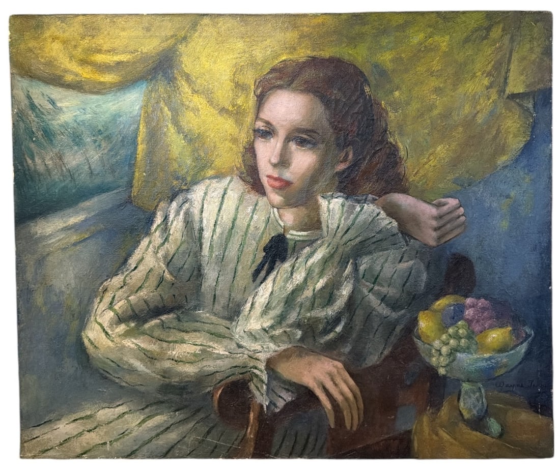 KEENE Style Mid Century Oil Painting Woman (1 of 5)