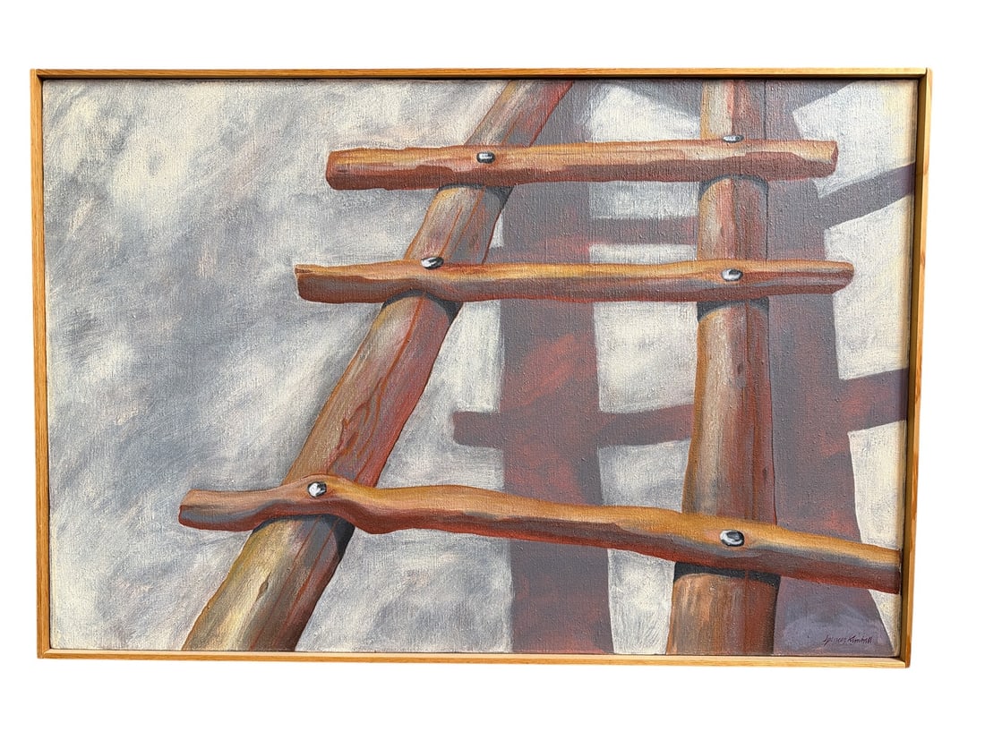 SPENCER KIMBALL Surrealist Ladder Acrylic Painting: Measures 20.5" Hx 30.75" W in the frame. Site measures 20" H x 30"W. Signed in lower right corner by artist. Acrylic on canvas. This piece was given as a gift in 1984 to estate. Spencer Kimball was bo