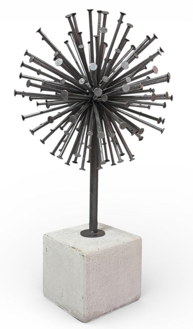 Brutalist Marble Base Nail Sculpture: Measures 13" H x 7" DIA, base measures 3.5" x 3.5". In the Style of Harry Bertoia