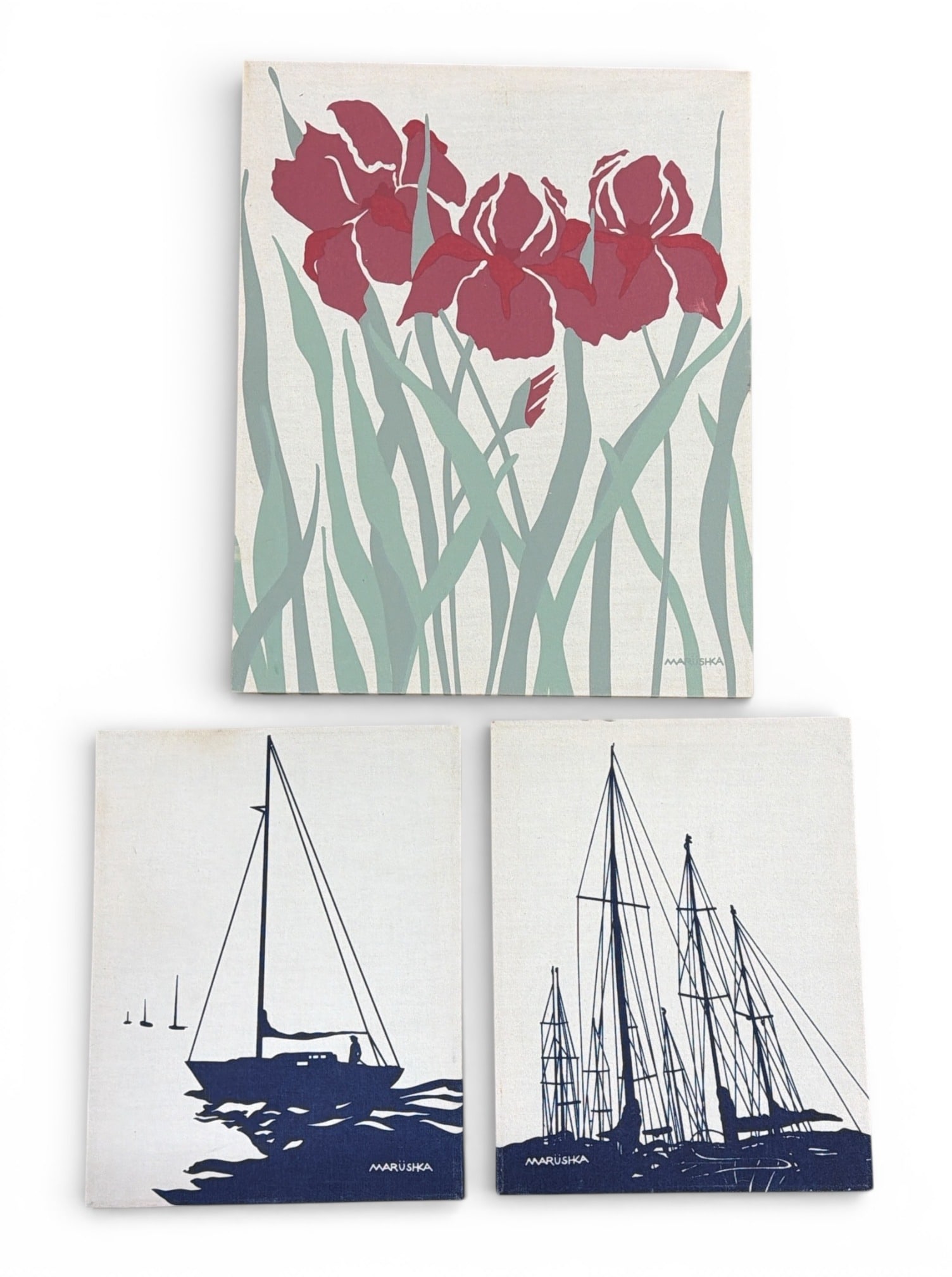 Three Mid Century MARUSHKA Textile Screen Prints: The larger floral piece measures 20" x 16", each sailboat piece measures 14" x 11.25".
