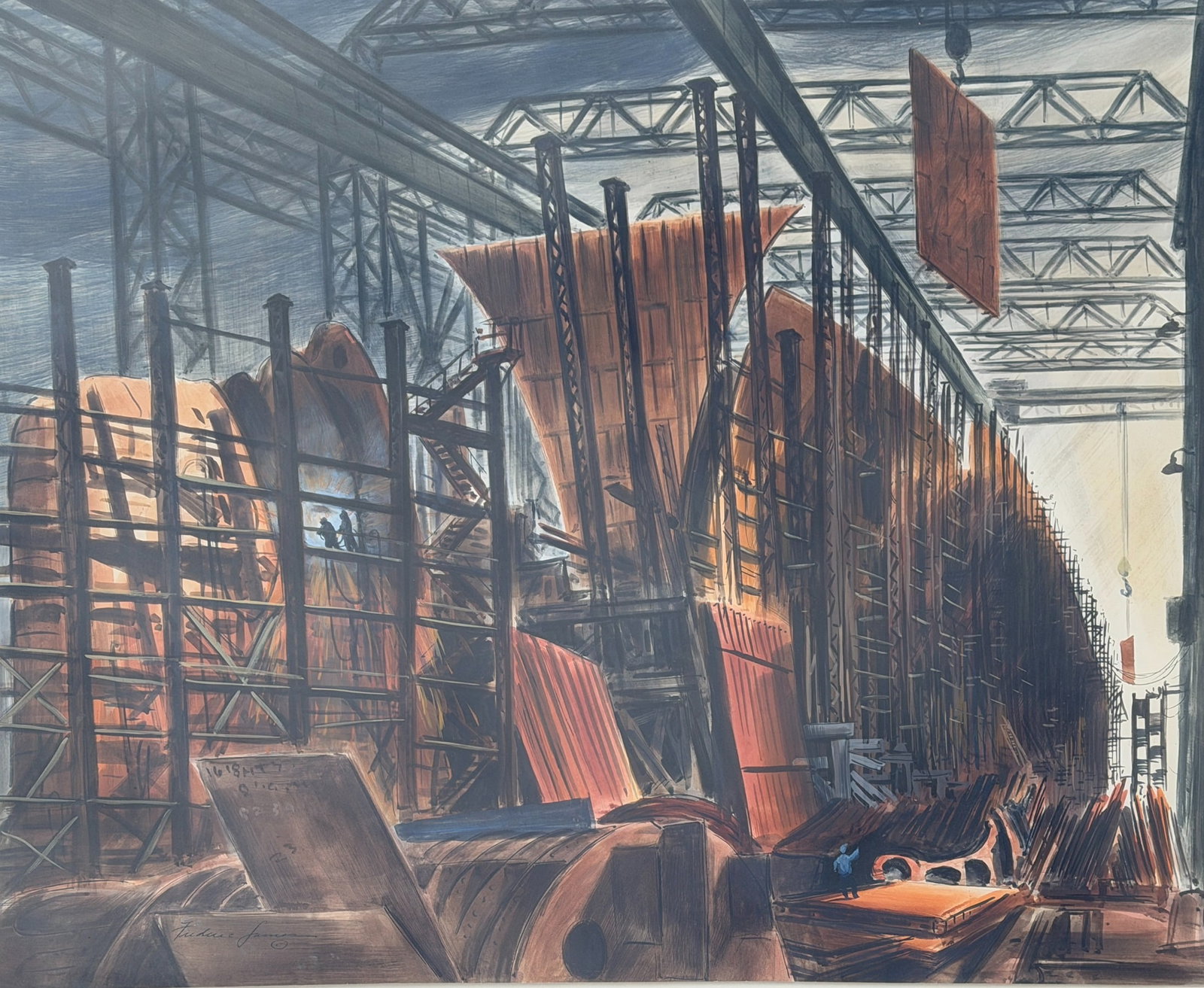 FREDERIC JAMES (Kansas City, 1915-1985) Industrial Watercolor: Measure 25.5" hx 29.5" W in frame, site measures 18.5" H x 22.5" W. Signed lower left hand corner. Frederic James was an American painter who specialized in watercolors. He was associated with the