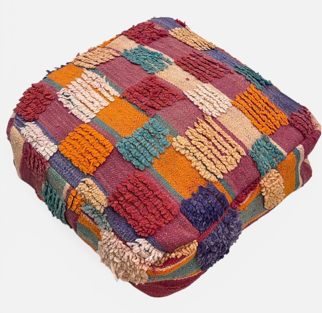Vintage Kilim Pouf: Measures approx. 10" H x 25" x 25". Stuffing not included.