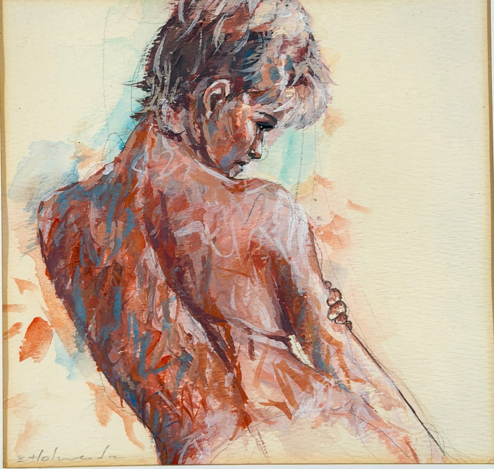 BRUCE L HOLWERDA Mix Media Nude: 12.25" square x 1" D , site is 6" x 6.25" W stylized 1970;s Mid Century nude, pencil signed