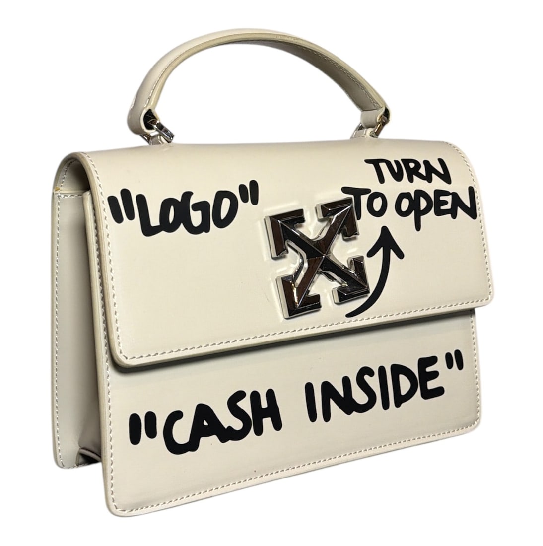 OFF-WHITE 1.4 Jitney Bag, "Cash Inside", VIRGIL ABLOH: Measures 9" H x 8.5" W x 3" D with the shorter handle ,shoulder strap has a 20" drop. Features a spinning clasp and the words, "Cash Inside", "Logo", "Turn To Open", "For Personal Use Only". Copyright