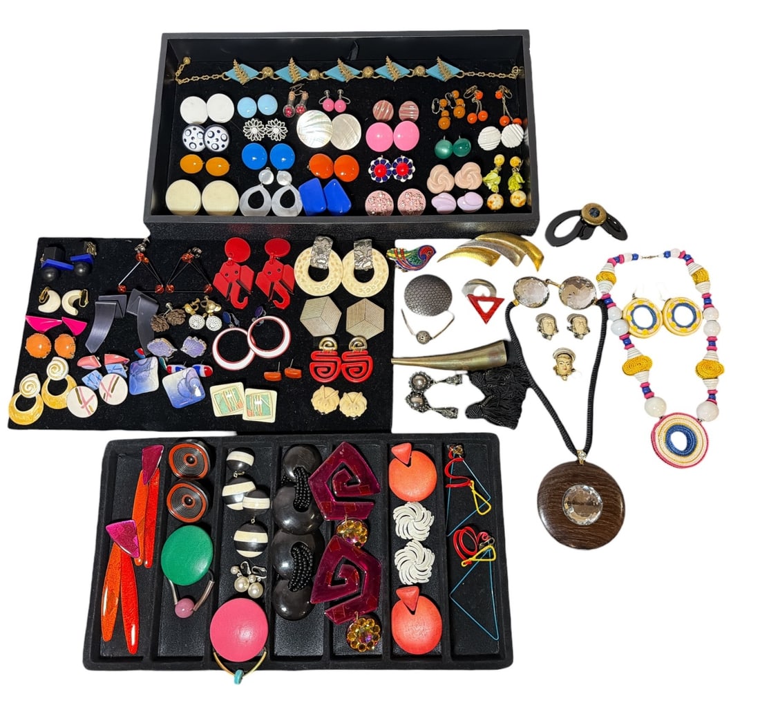 Large Collection Post Modern Costume Jewelry: Includes clip on and pierced earrings, necklaces, brooches.
