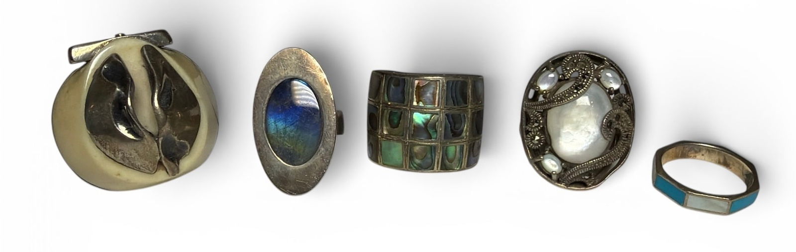 Collection of Sterling Silver, Moonstone, Abalone, & Bone Rings (1 of 5)
