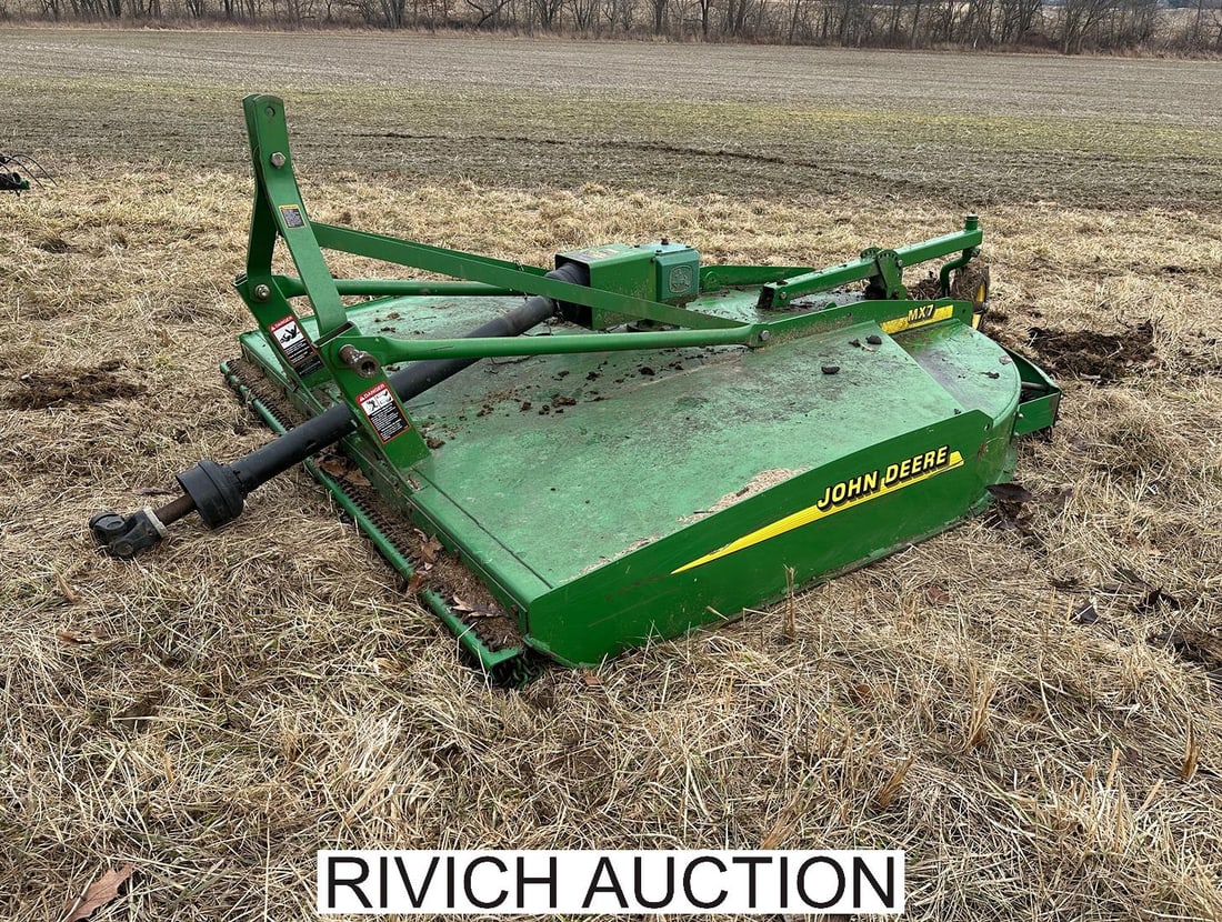 John Deere MX7 Rotary Cutter: Deck is 87" W x 94" long. NOTE: Item pickup is in Valparaiso, IN - address to be released to successful buyers post auction. See auction description for pickup dates.