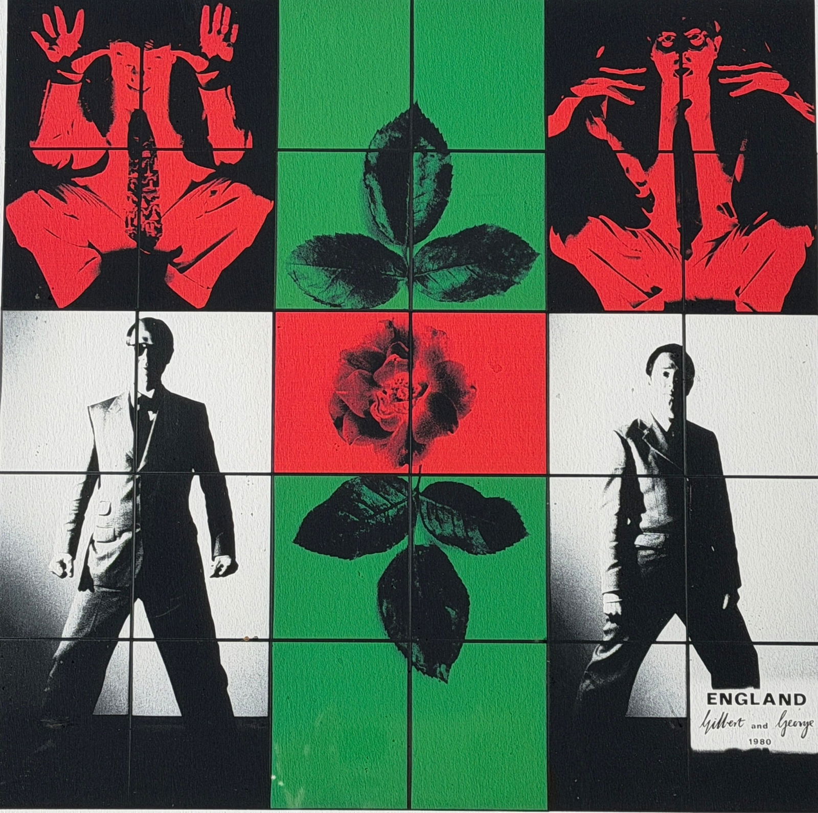 1980 GILBERT & GEORGE (English, b.1943, 1942) "England" Mixed Media: Measures 19.5" H x 19.5" W x 1.25" D in the frame. This work is likely a high quality print, embellished with ink outlining each individual square.