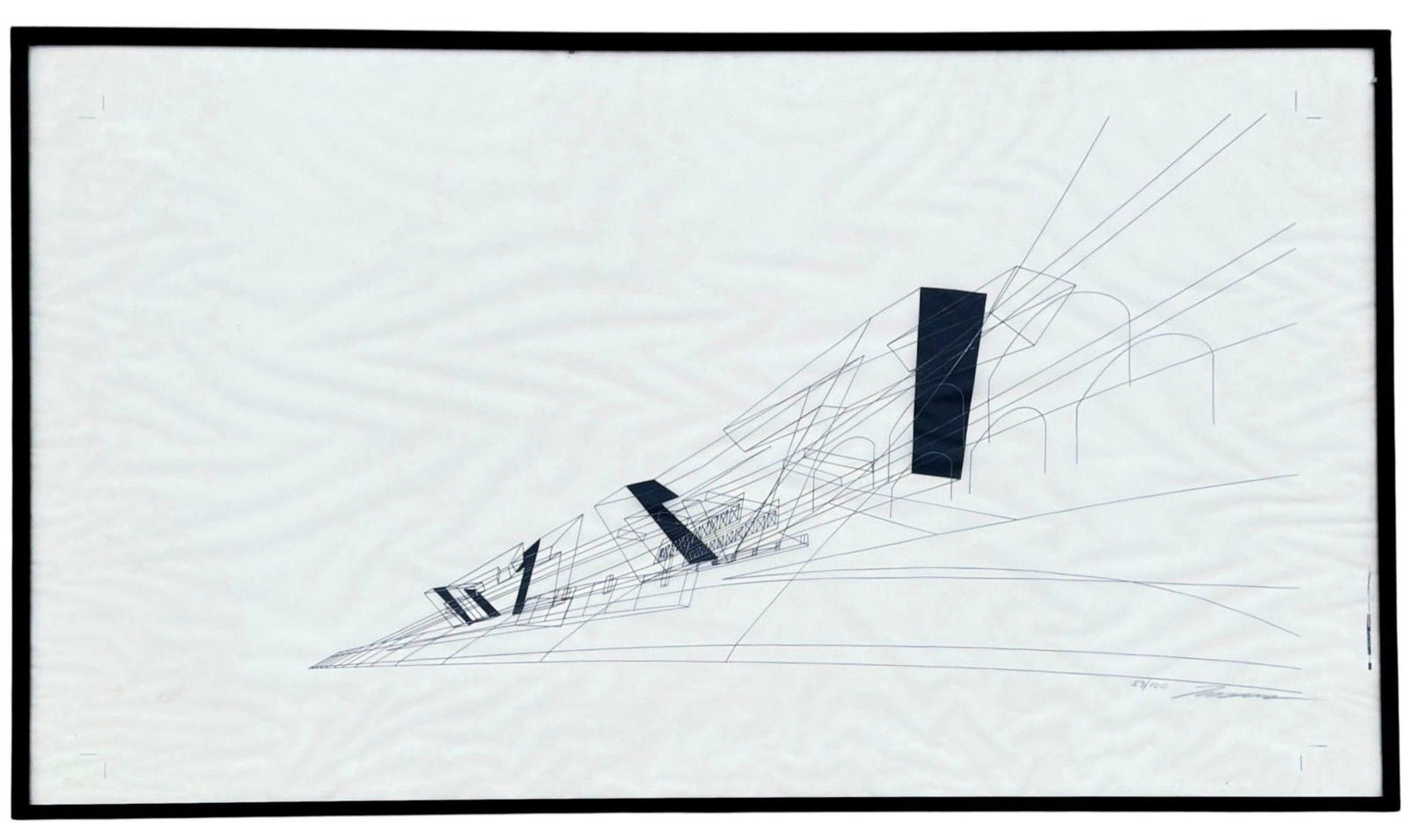 ZAHA HADID (Iraqi-British,1950-2016) Ink on Tracing Paper Architectural Drawing: Measures 20.5" x 34.75" in the frame. Pencil signed and numbered 59/100. Zaha Hadid (1950?2016) was a groundbreaking Iraqi-British architect celebrated for her bold, futuristic designs defined by