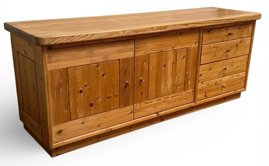 Rustic European Pine Sideboard Credenza: Measures 36.5" H x 76.25" W x 22.25" D. Versatile.