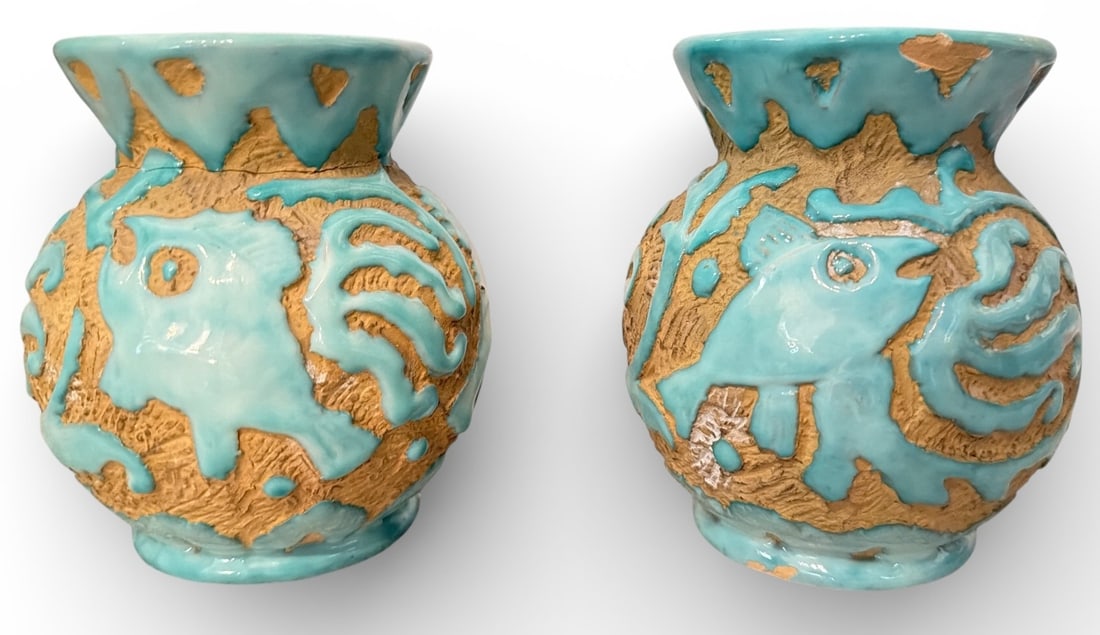 1960's Sgraffito Fish Italian Pottery Vases, Pair: Marked Italy, 0963 PV (Pheasant Valley). on bottom. Each measure 5" H x 4.5" overall diameter.