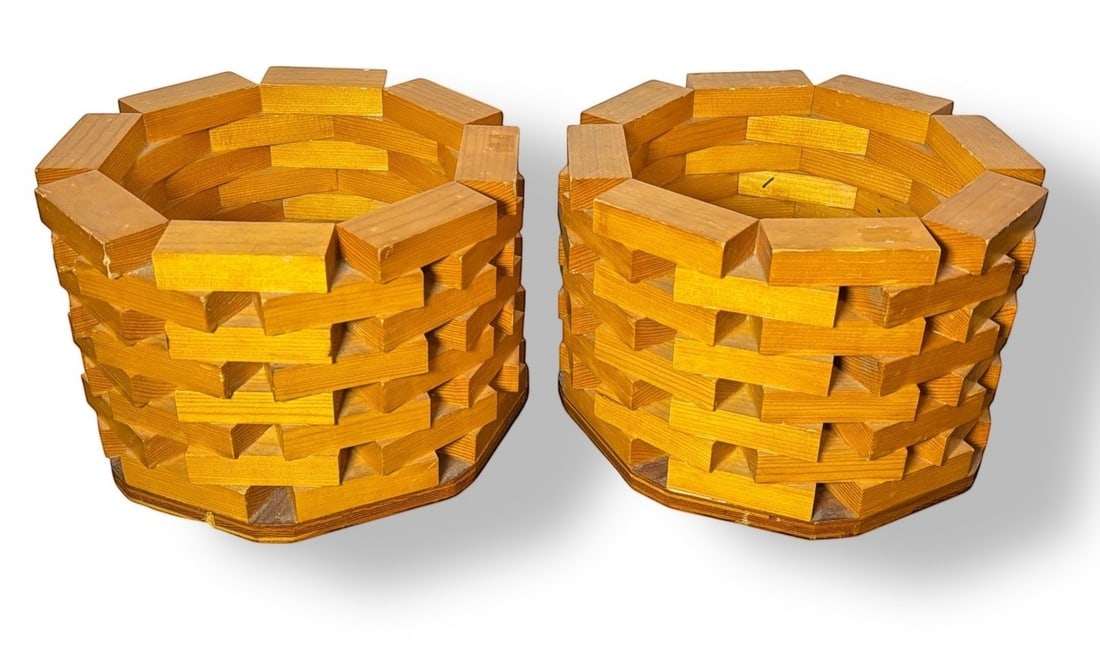 Pair of Exceptional Folk Art Stacked Wood Planters: Each measures 7.25" H x 9.75" diameter.